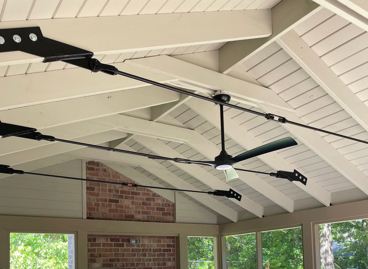 Sunroom with three tie rods with turnbuckles and three-hole brackets