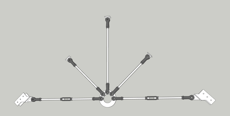5-point vaulted ceiling tie rod system: steel rods with turnbuckles, a vertical and two diagonal rods joined by clevises to a round center plate, with pitched rafter brackets