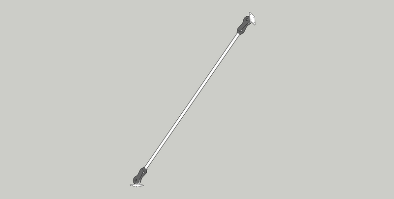 Awning tie rod: a steel rod with clevises pinned to a wall bracket above and a canopy bracket below