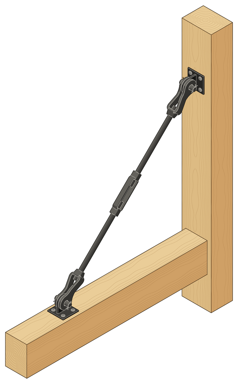 An awning tie rod: a steel rod with a turnbuckle from a square bracket on the wall post down to a square bracket on top of the canopy beam, pinned to each with a clevis and pin.