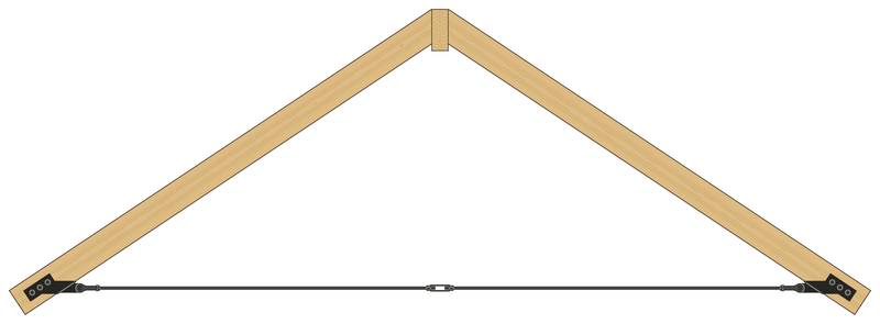 A 2-point steel rafter tie in elevation: one rod between three-hole brackets on the two rafters, with a turnbuckle at its center.