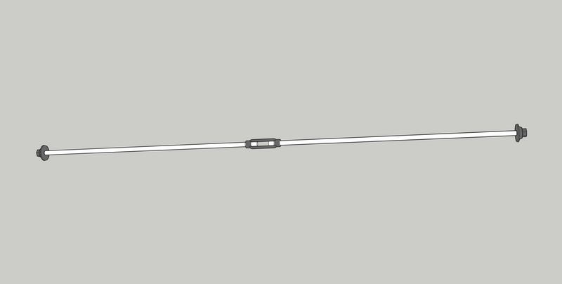 Wall-to-wall tie rod: a horizontal steel rod with a turnbuckle, held at each end by an ogee washer and nut