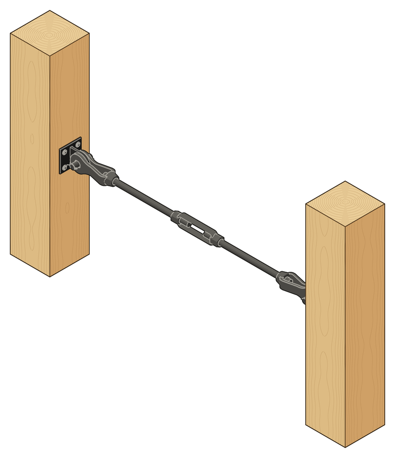 A walls & columns tie rod between two posts: a steel rod with a turnbuckle midway, pinned at each end with a clevis to a square bracket lagged to the post.