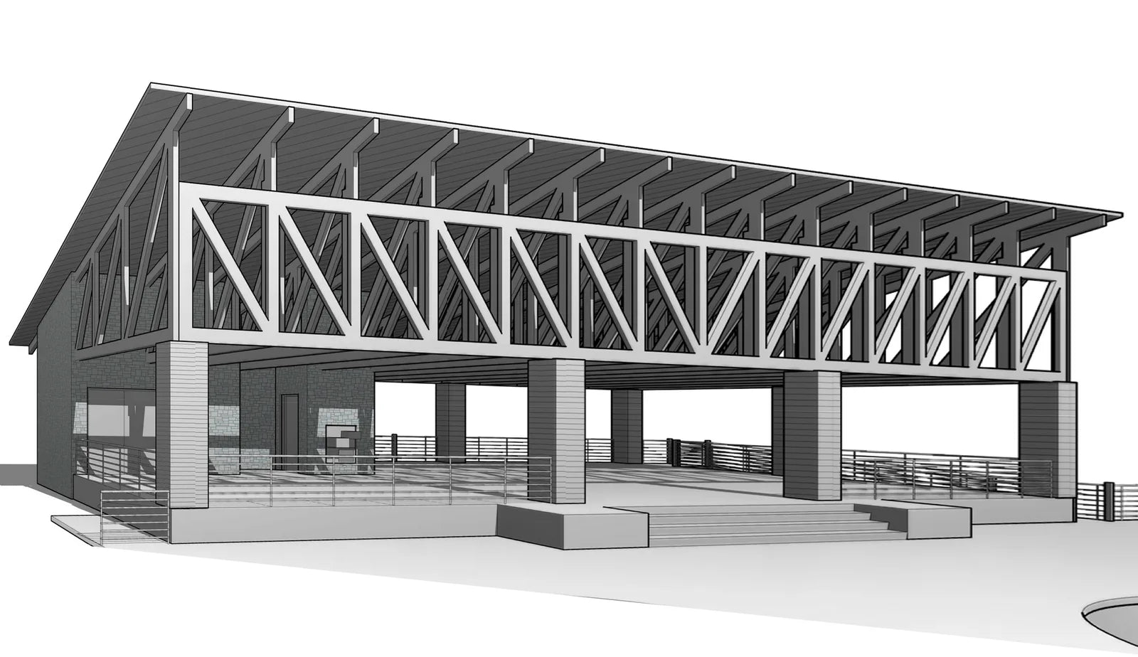 The architect's rendering of the pavilion, its long side of trusses seen from the pool deck