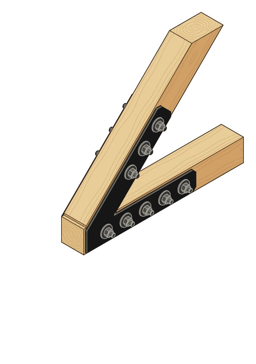 The rafter sitting on the tie beam, in 3D, with a VB3 plate on each face