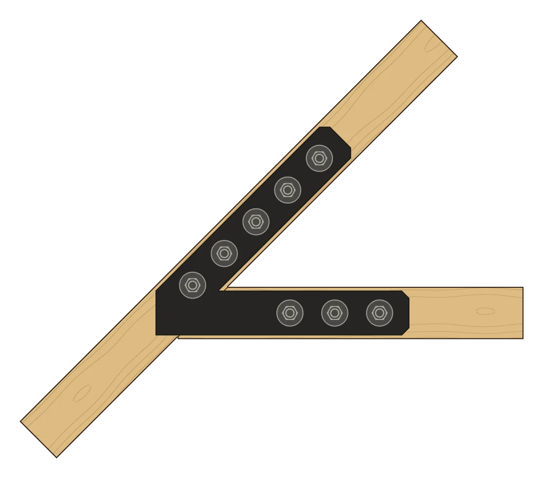 The tie beam hanging from the rafter, in elevation, with a VT3 plate on each face