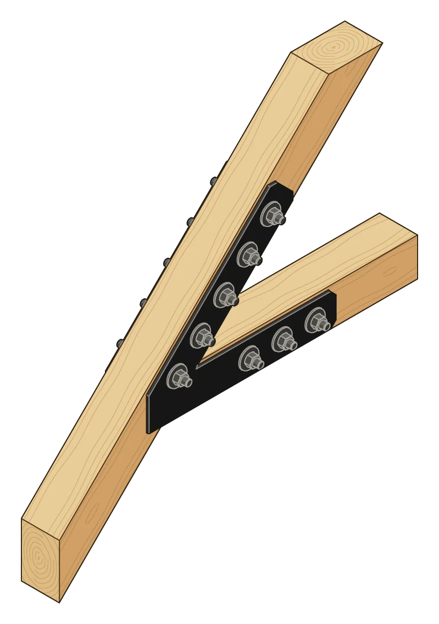 The tie beam hanging from the rafter, in 3D, with a VT3 plate on each face