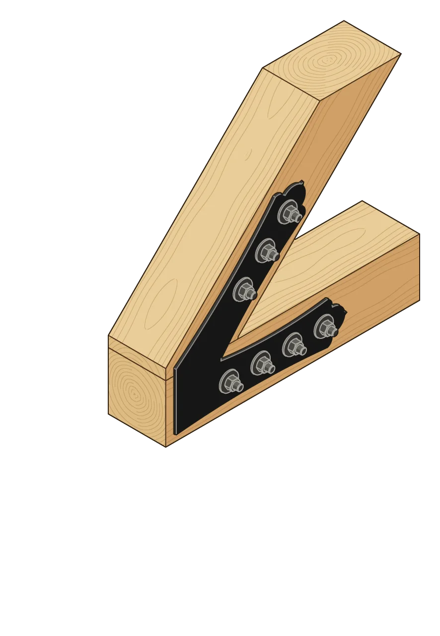 The rafter sitting on the tie beam, in 3D, with a VBC4 plate on each face