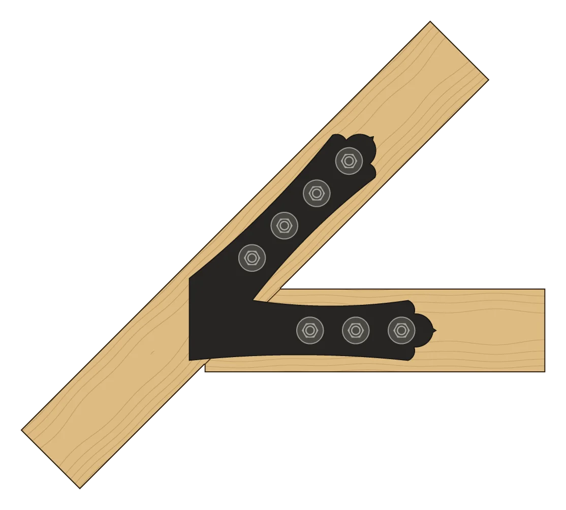 The tie beam hanging from the rafter, in elevation, with a VTC4 plate on each face