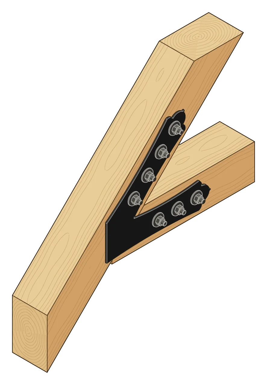 The tie beam hanging from the rafter, in 3D, with a VTC4 plate on each face