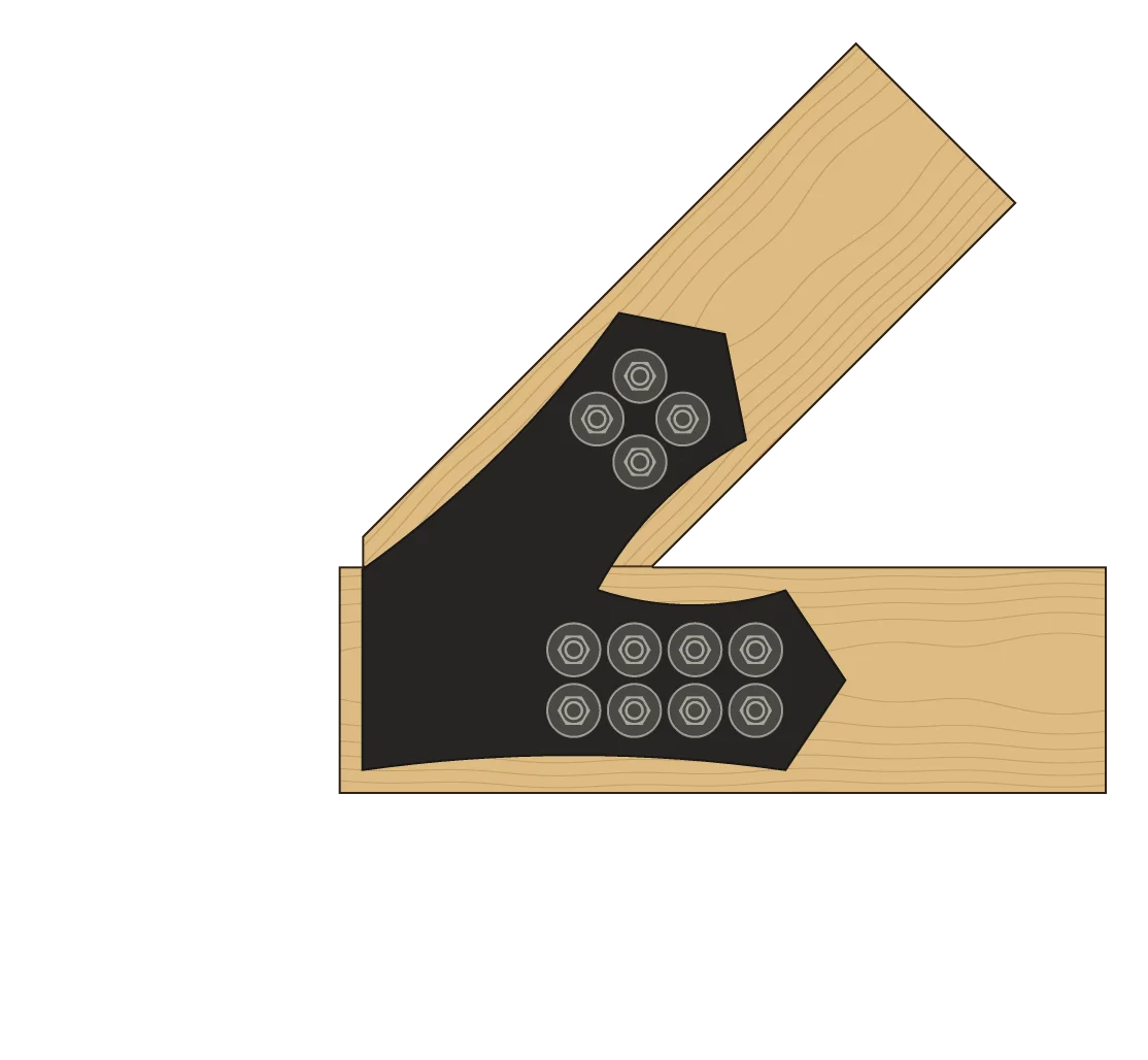 The rafter sitting on the tie beam, in elevation, with a VBE6 plate on each face