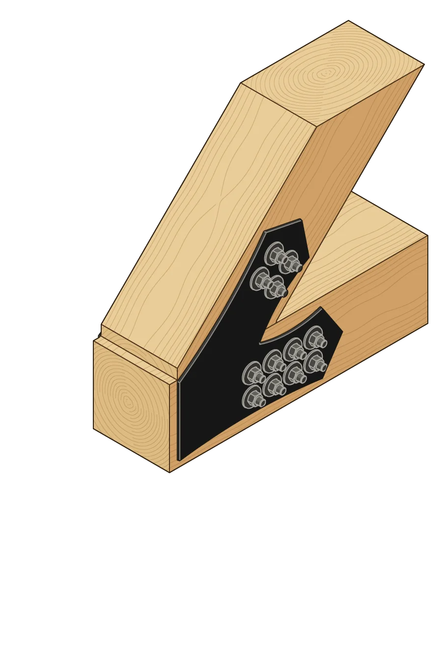 The rafter sitting on the tie beam, in 3D, with a VBE6 plate on each face