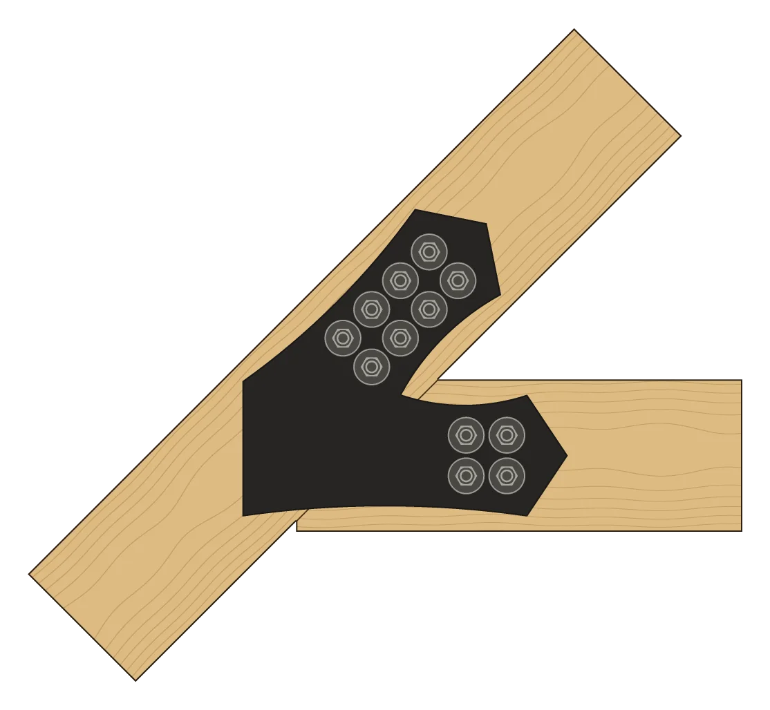 The tie beam hanging from the rafter, in elevation, with a VTE6 plate on each face