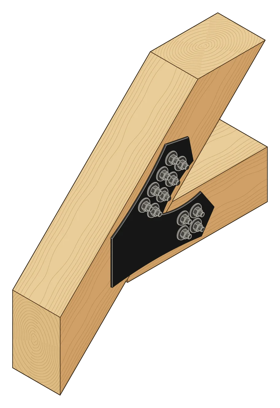 The tie beam hanging from the rafter, in 3D, with a VTE6 plate on each face