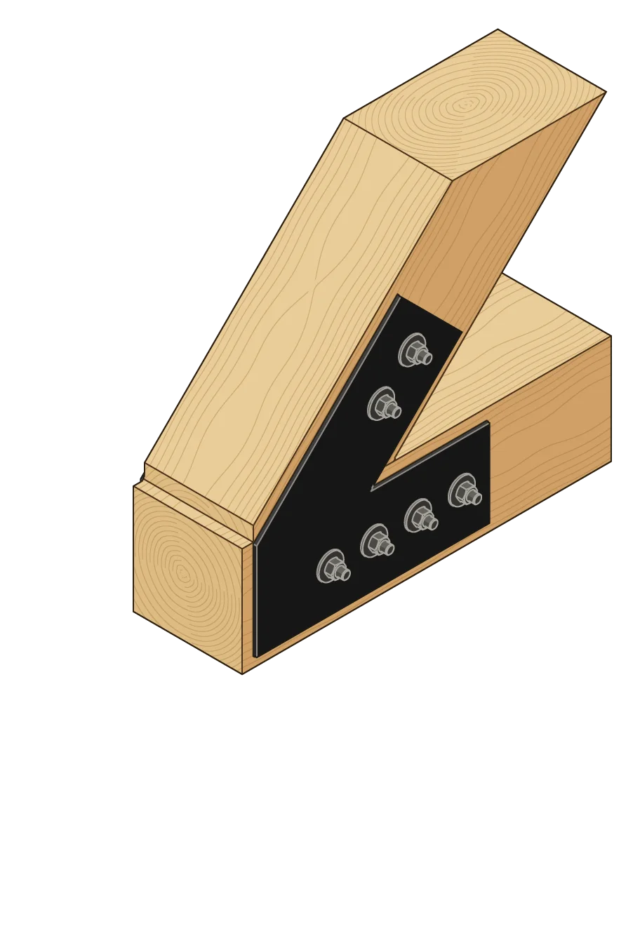 The rafter sitting on the tie beam, in 3D, with a VB6 plate on each face