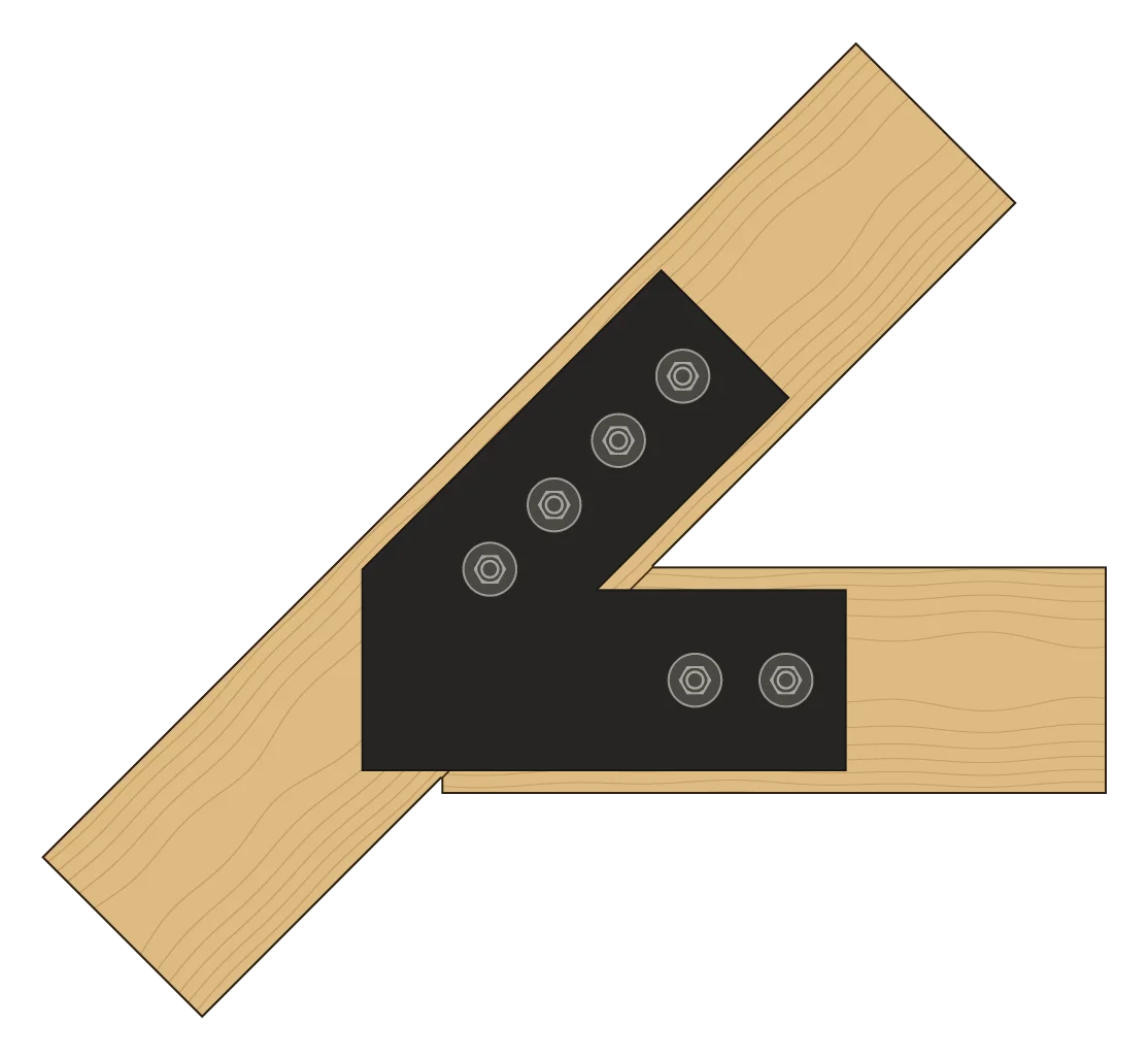 The tie beam hanging from the rafter, in elevation, with a VT6 plate on each face