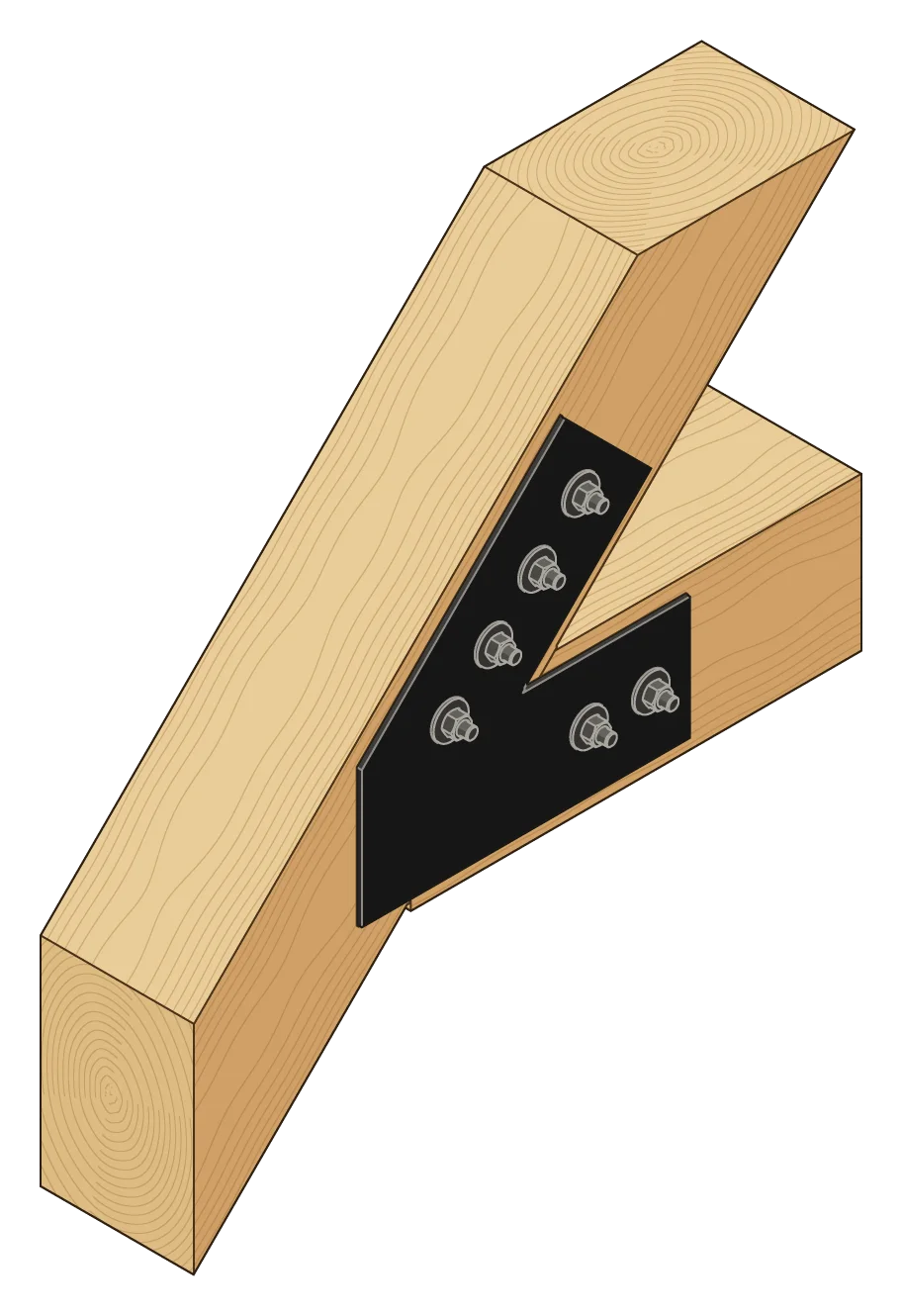 The tie beam hanging from the rafter, in 3D, with a VT6 plate on each face