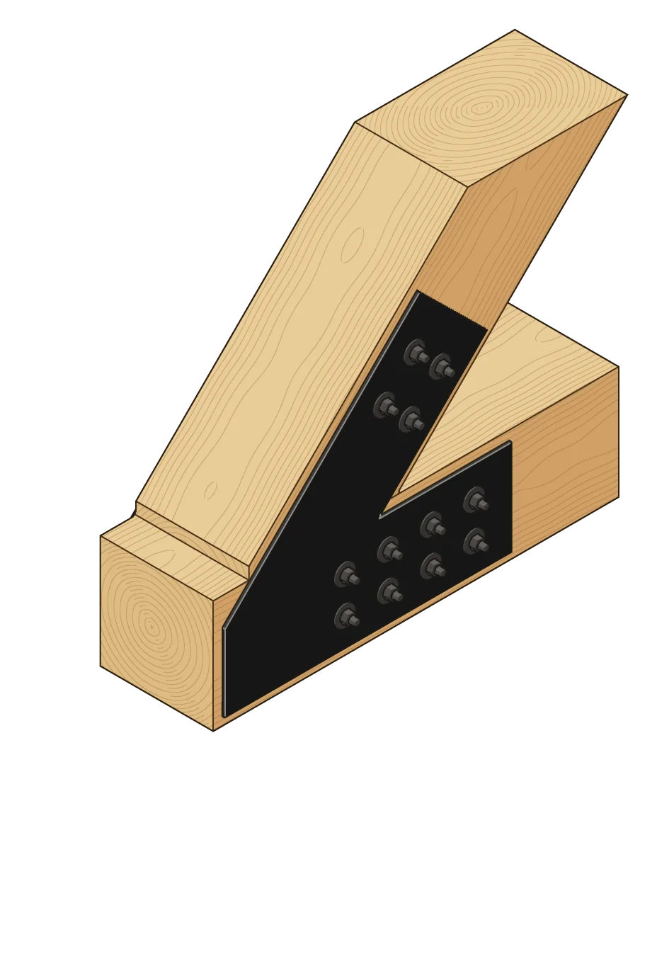 The rafter sitting on the tie beam, in 3D, with a VB8 plate on each face