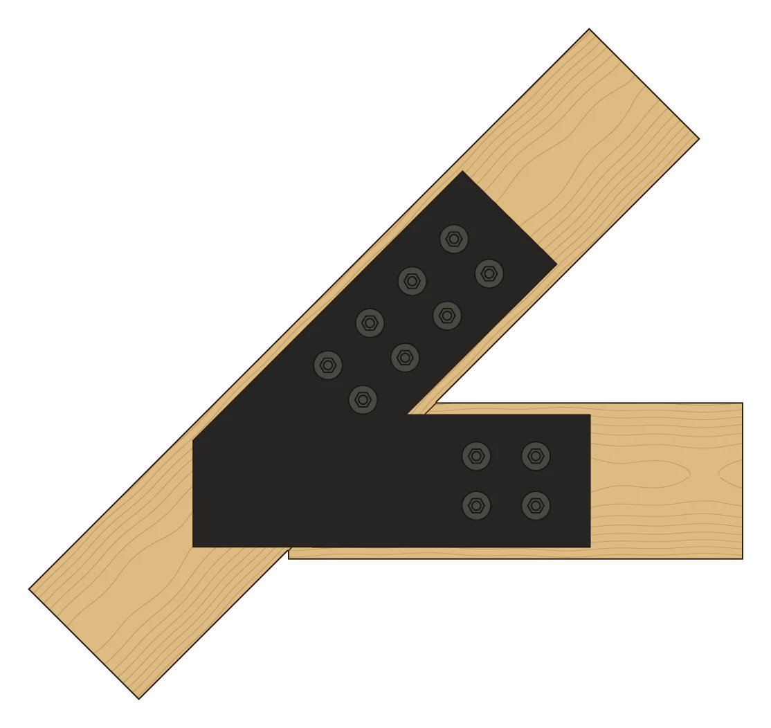 The tie beam hanging from the rafter, in elevation, with a VT8 plate on each face
