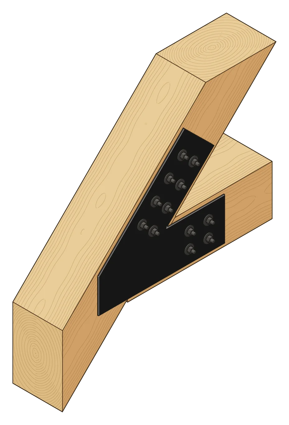The tie beam hanging from the rafter, in 3D, with a VT8 plate on each face