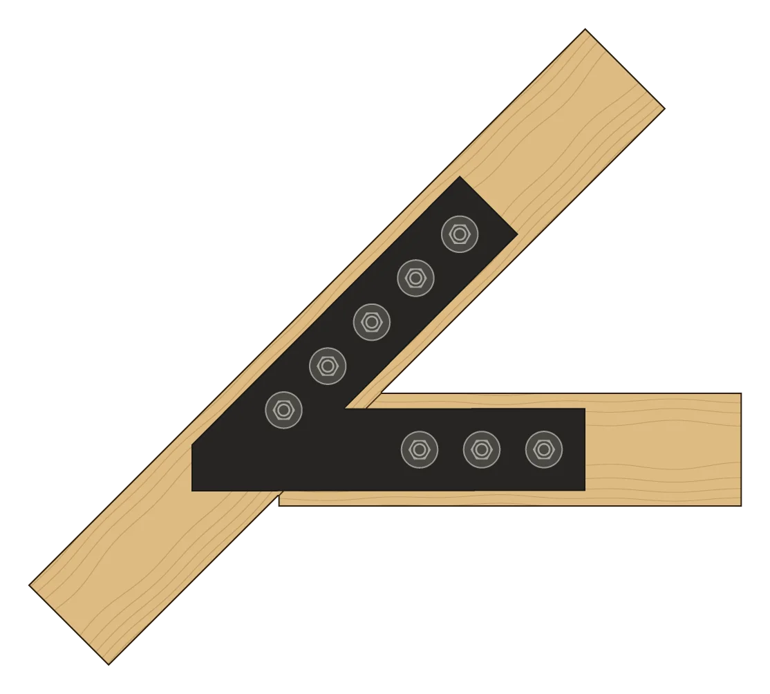 The tie beam hanging from the rafter, in elevation, with a VT4 plate on each face