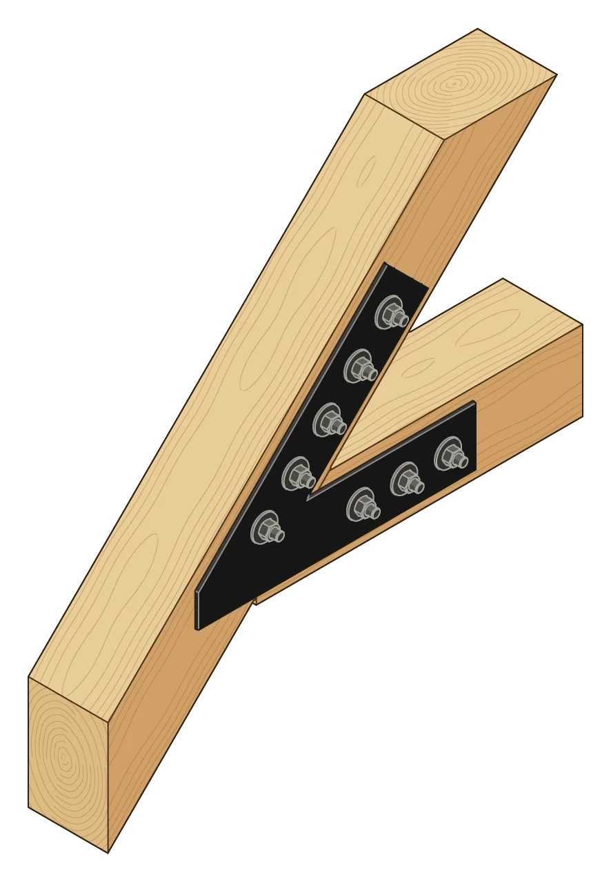 The tie beam hanging from the rafter, in 3D, with a VT4 plate on each face