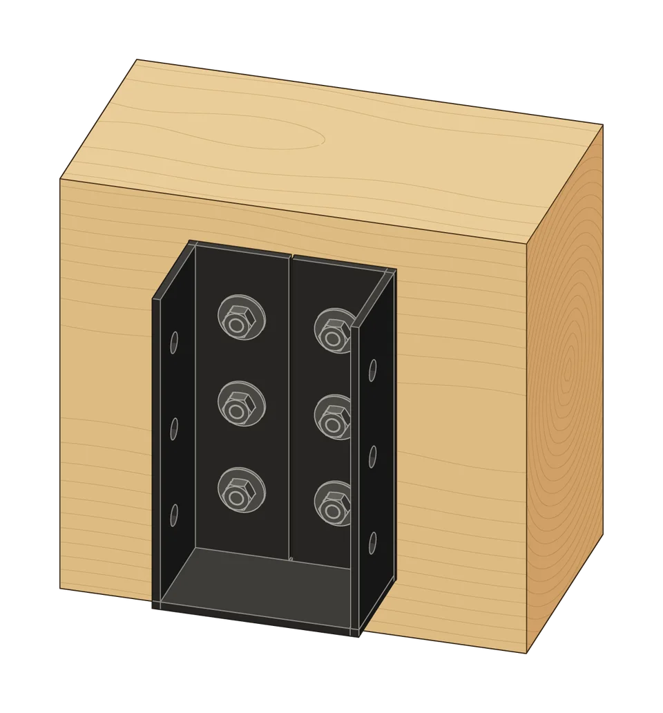 Internal flange joist hanger: the configurator’s default part, bolted to the header with its pocket open, before the joist goes in