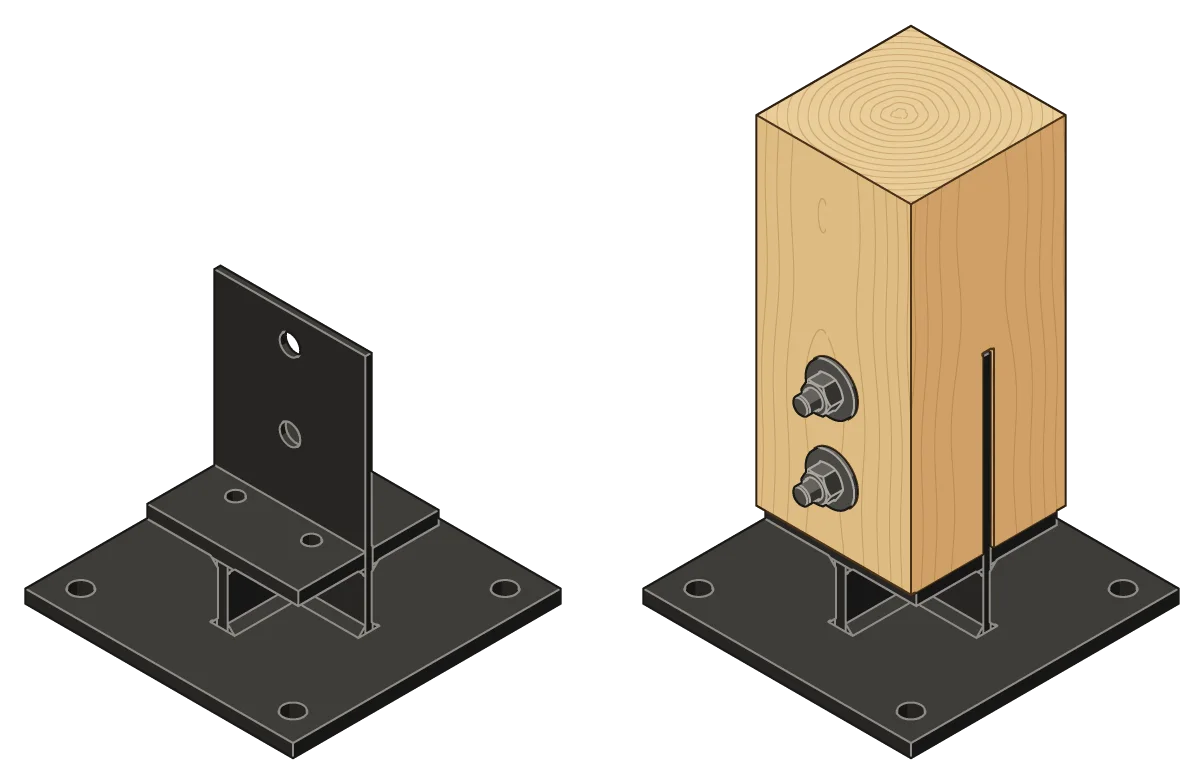 Knife plate post base in a sawn slot, bare and bolted to a post