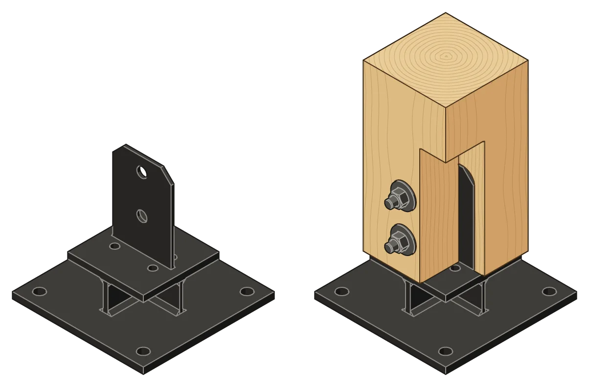 Knife plate post base in a mortise, bare and bolted to a post cut away to show the knife