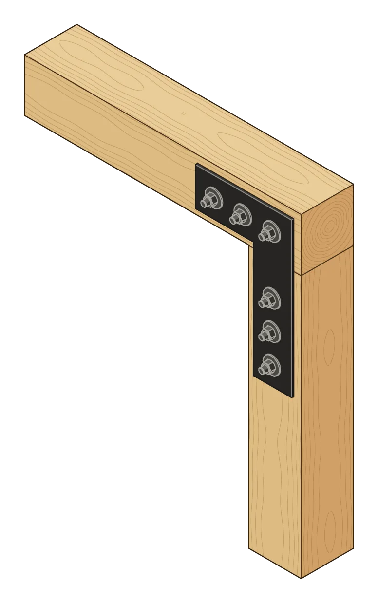A Taiga L4 corner plate bolted over a 6x6 post and the 6x6 beam that ends over it, with threaded rod, washers, and nuts.