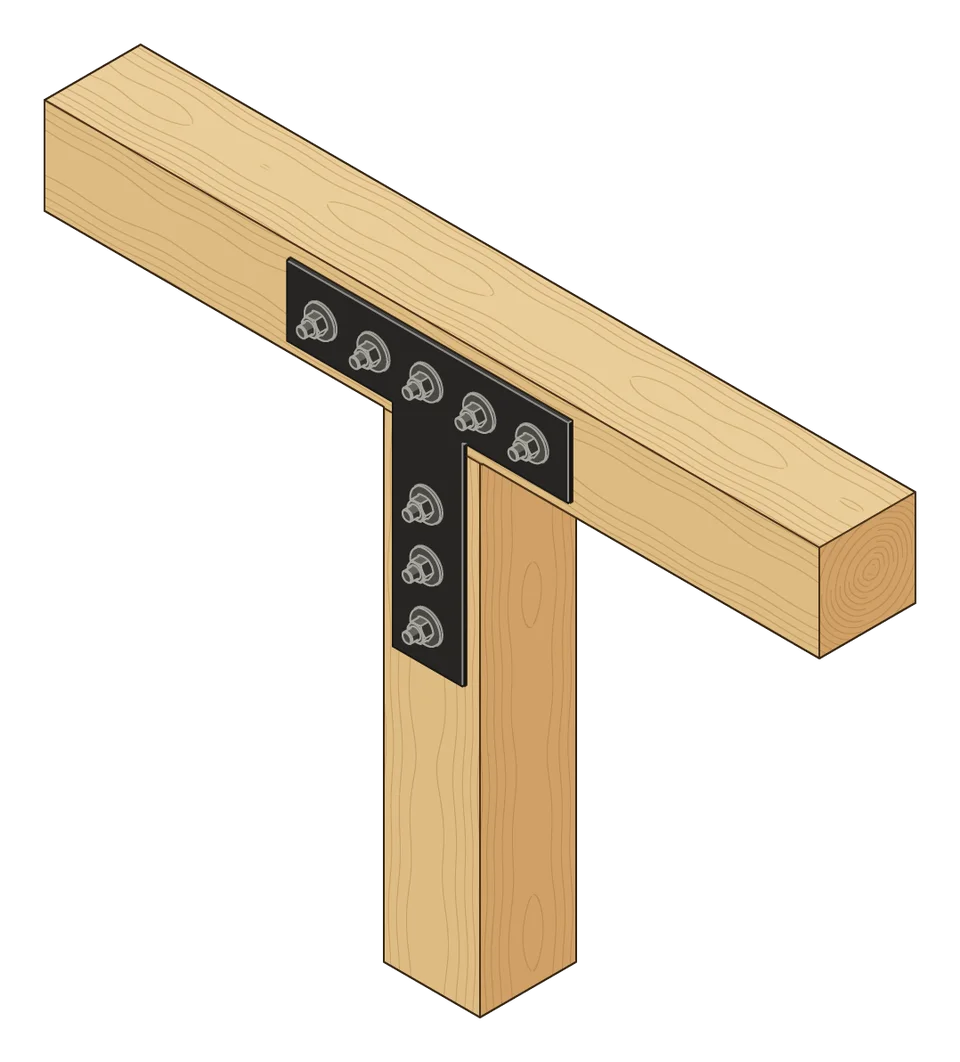 A Taiga T4 plate bolted over a 6x6 post and the 6x6 beam that runs past it, with threaded rod, washers, and nuts.