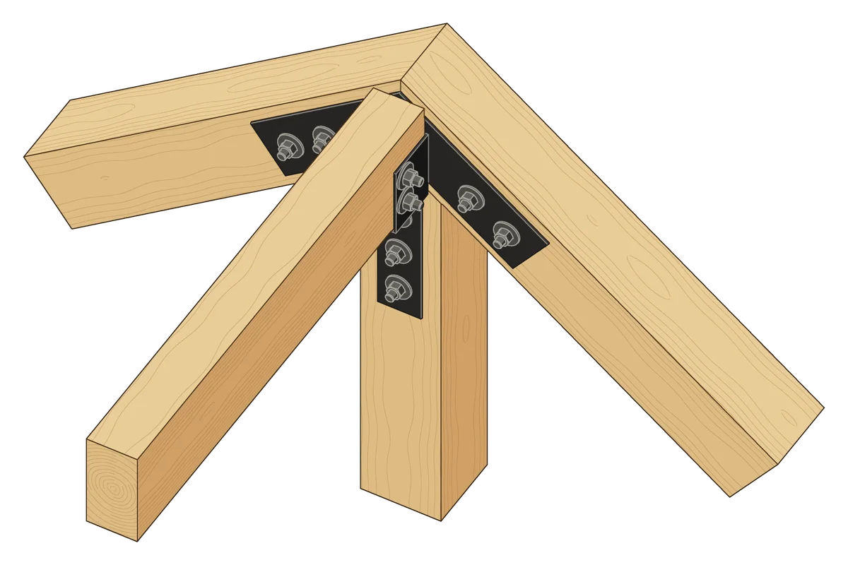 A Taiga truss’s peak at 9/12 with the W4 Saddle, the ridge beam ending at the plate