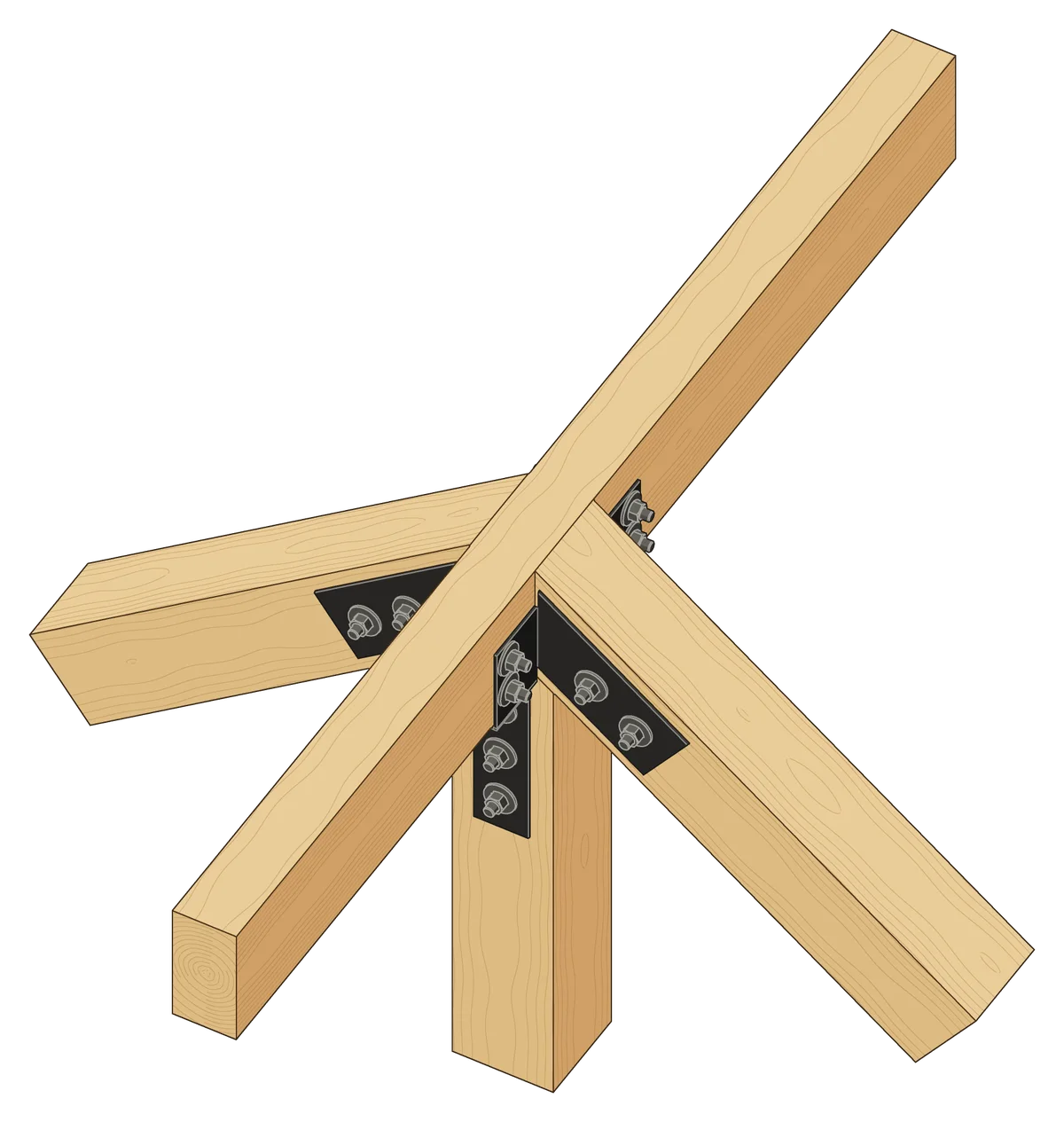 A Taiga truss’s peak at 9/12 with the W4 Saddle, the ridge beam passing through the truss