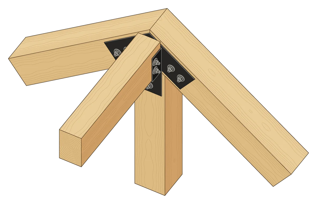 A Massif truss’s peak at 9/12 with the W6 Saddle, the ridge beam ending at the plate
