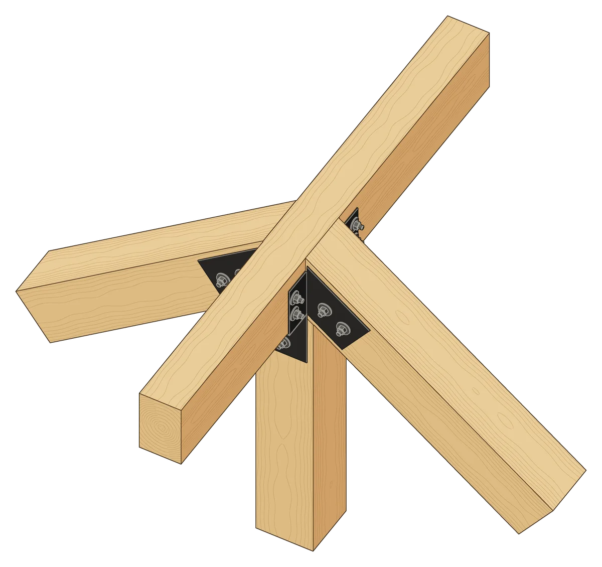 A Massif truss’s peak at 9/12 with the W6 Saddle, the ridge beam passing through the truss
