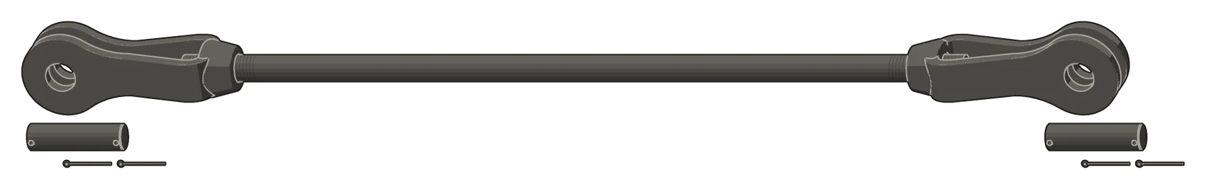 A rod assembly: one rod with a clevis threaded onto each end. Under each clevis lie its clevis pin and two cotter pins, not yet in.