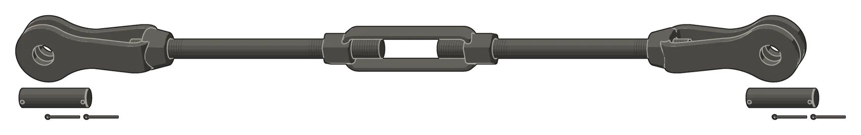 A rod assembly with a turnbuckle: two rods joined end to end by a turnbuckle, with a clevis threaded onto each outer end. Under each clevis lie its clevis pin and two cotter pins, not yet in.