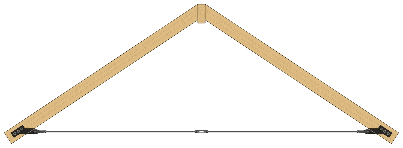 A 2-point steel rafter tie in elevation: one rod between three-hole brackets on the two rafters, with a turnbuckle at its center.