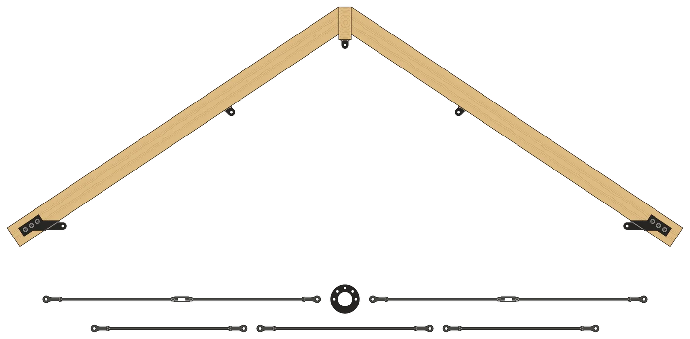 The same rafters and brackets, with five rod assemblies and the round center plate laid out level below: two long assemblies with turnbuckles either side of the plate, and three shorter ones without.