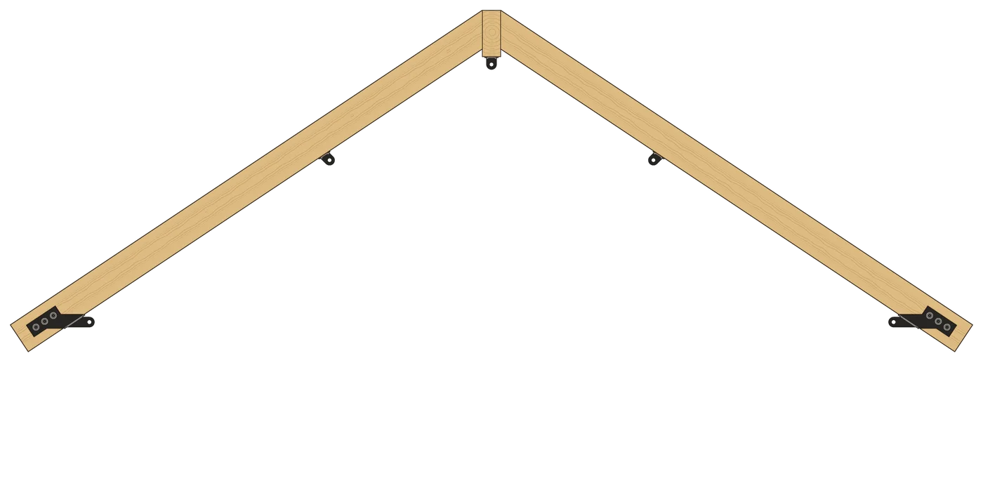 Two rafters meeting at a ridge beam, seen from the end, with five brackets mounted and no rods: one at the foot of each rafter, one part way up each rafter, and one under the ridge beam.