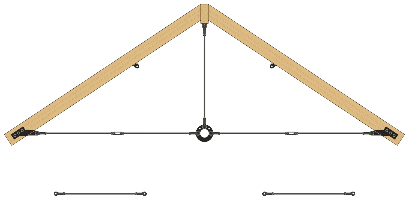 The two horizontal rods, each with a turnbuckle, now pinned between the center plate and the brackets at the feet of the rafters. The two diagonal rod assemblies are still laid out below.