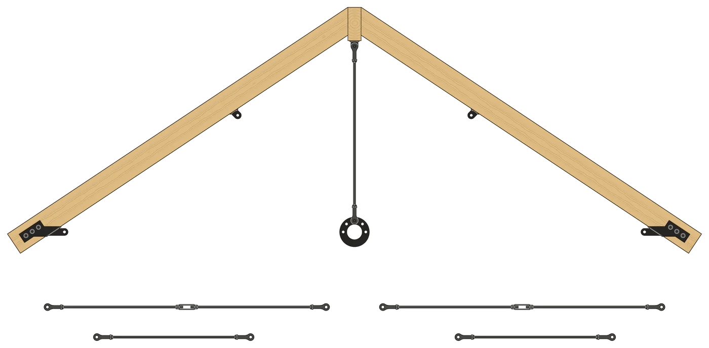 The vertical rod pinned to the bracket under the ridge beam, with the center plate pinned to its lower end and hanging in the middle. The other four rod assemblies are still laid out below.