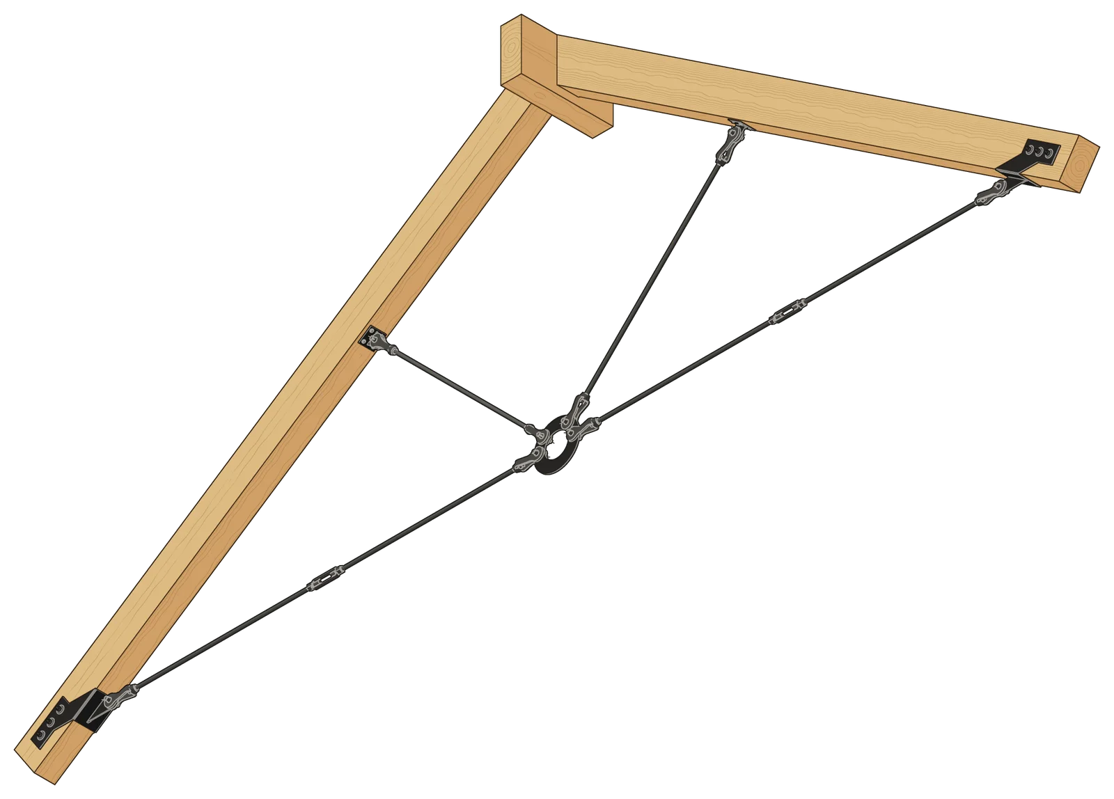 A 4-point vaulted ceiling tie rod system in isometric: rods pinned with clevises, turnbuckles, and a center plate.