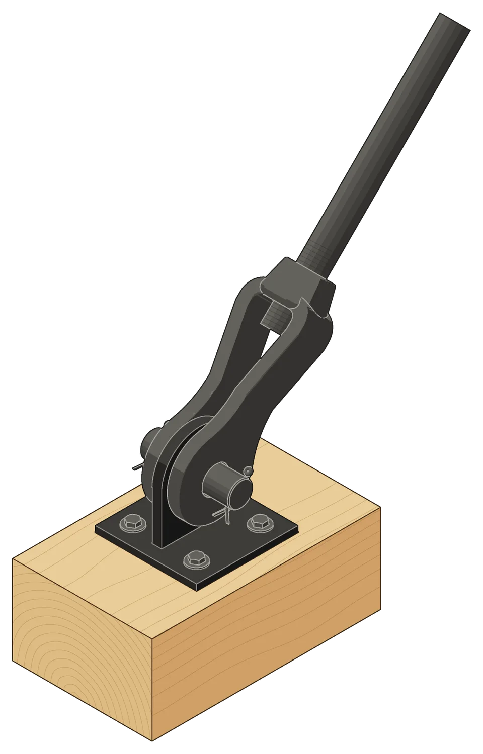 A clevis pinned to the tab of a bracket lagged to a timber beam: the clevis pin through both jaws and the tab, a cotter pin through each end of the pin, and the rod threaded into the clevis.