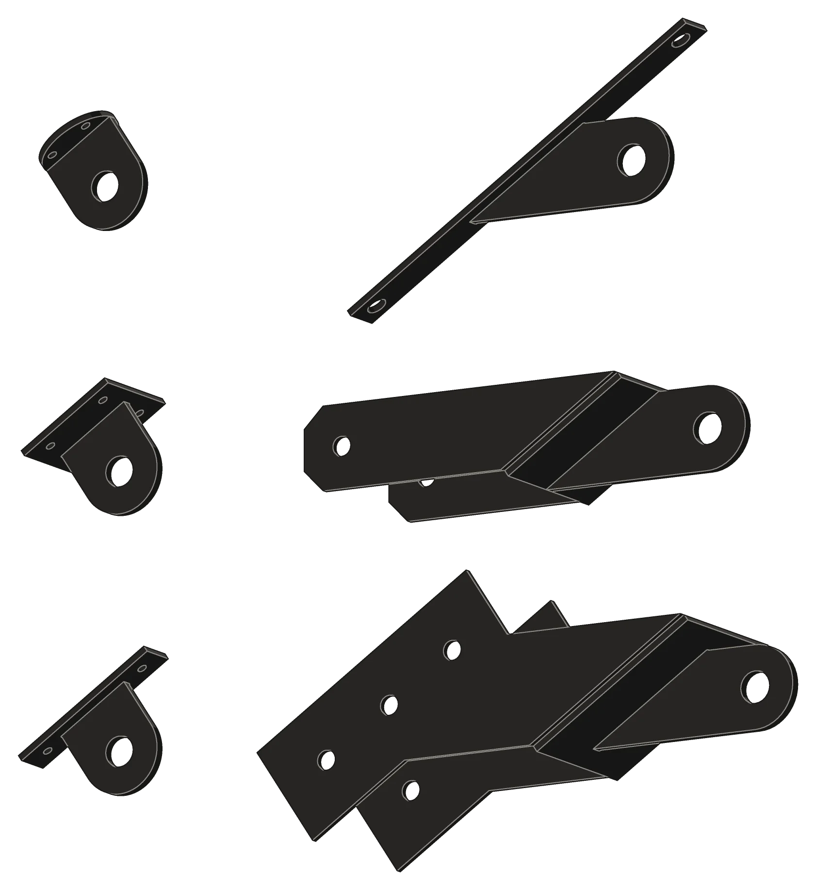 Six steel brackets in three rows of two, all seen from one angle, each a mounting plate with a grip plate, the tab that has a hole for the clevis pin. On the left: brackets with a round plate, a square plate, and a long rectangular plate. On the right: a long narrow strap, a saddle with one bolt hole in each side plate, and a saddle with three bolt holes in each.