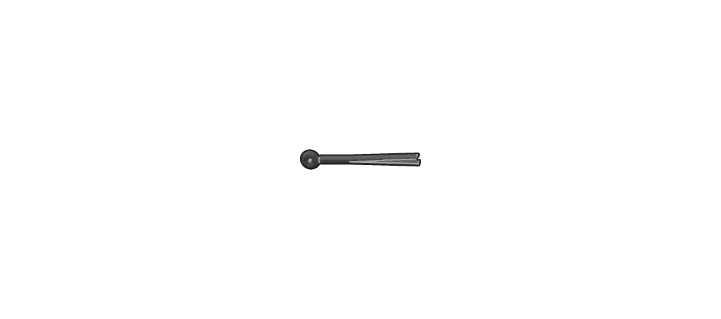 A cotter pin, small beside the other parts: two straight legs a sliver apart, with an eye at one end.