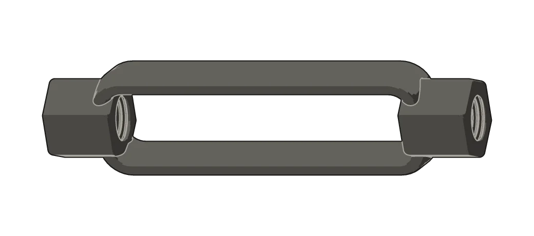 A turnbuckle: an open steel frame with a threaded nut at each end.