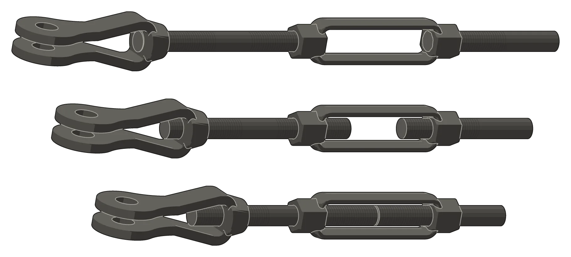 Three rows of the same clevis, rods, and turnbuckle. In the top row each rod's end is flush with the inside face of its nut. In the middle row the rod stands 3/4" into the clevis's opening and each rod 1-1/2" into the turnbuckle's window. In the bottom row the rod is 1-1/2" into the clevis's opening and the two rods all but meet in the turnbuckle. The assembly is shorter in each row.