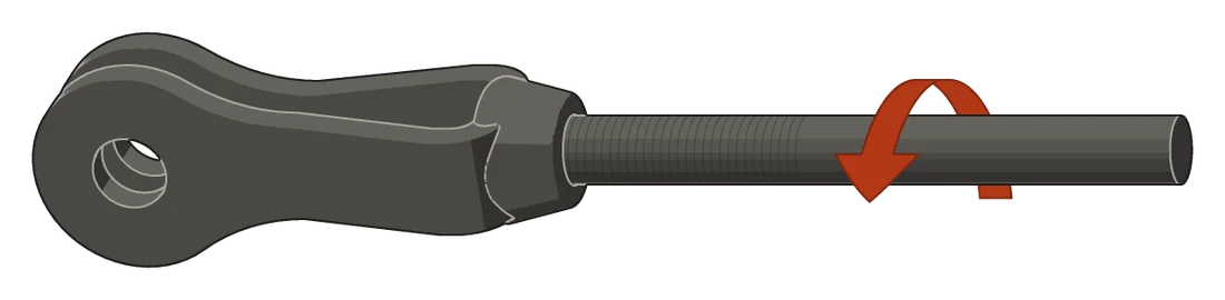 The same rod and clevis with a left-hand thread: the arrow goes over the top and down the near side, counter-clockwise as you look along the rod toward the clevis.