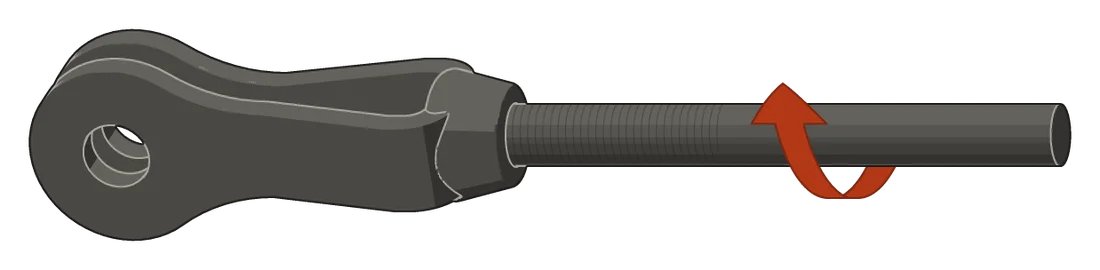 A rod's threaded end started into a clevis, with an arrow wound around the rod: up the near side and over the top, clockwise as you look along the rod toward the clevis.